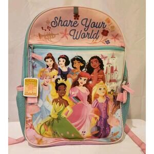 Disney Princesses Bookbag Backpack 12"x16" Pink & Purple w/Disney Key Chain